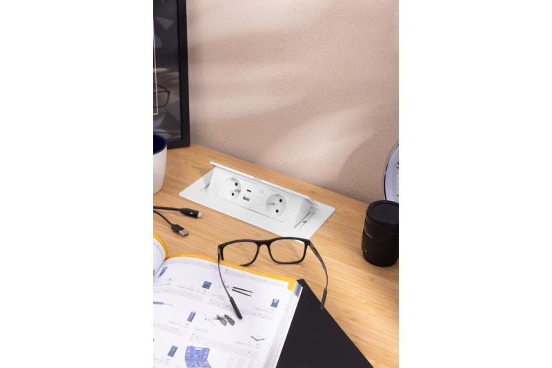 MULTISOFT Möbelsteckdose 2x Steckdose mit Erdung, USB A+C, RJ45, Stromkabel mit Stecker, Weiß