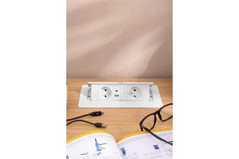 MULTISOFT Möbelsteckdose 2x Steckdose mit Erdung, USB A+C, RJ45, Stromkabel mit Stecker, Weiß