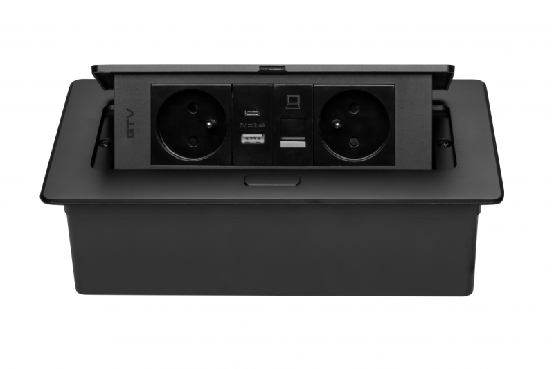 MULTISOFT Möbeleinbausteckdose 2x Steckdose mit Erdung, USB A+C, RJ45, Stromkabel mit Stecker, Schwarz