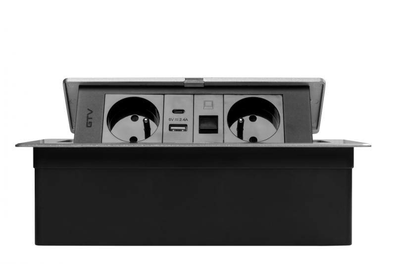 MULTISOFT Möbeleinsatz 2x Steckdose mit Erdung, USB A+C, RJ45, Stromkabel mit Stecker, Aluminium