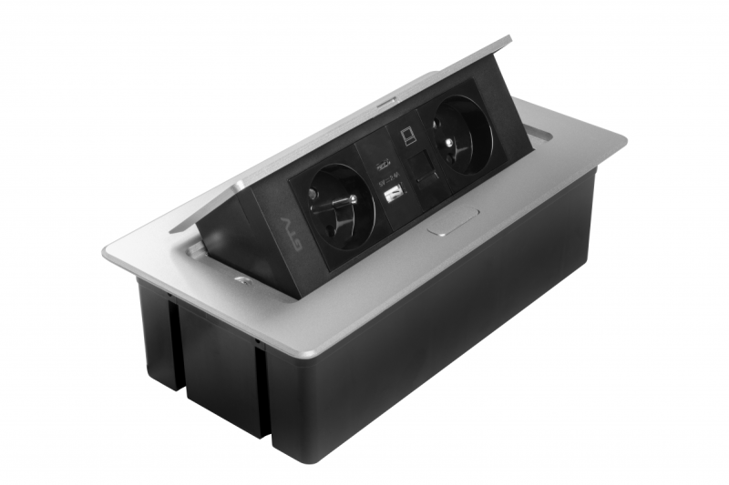 MULTISOFT Möbeleinsatz 2x Steckdose mit Erdung, USB A+C, RJ45, Stromkabel mit Stecker, Aluminium