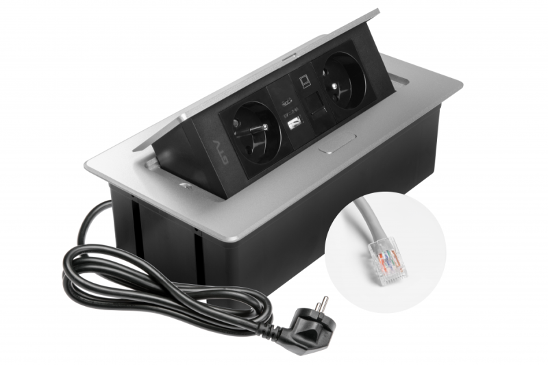 MULTISOFT Möbeleinsatz 2x Steckdose mit Erdung, USB A+C, RJ45, Stromkabel mit Stecker, Aluminium