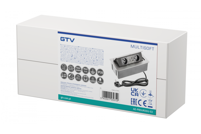 MULTISOFT Möbeleinsatz 2x Steckdose mit Erdung, USB A+C, RJ45, Stromkabel mit Stecker, Aluminium