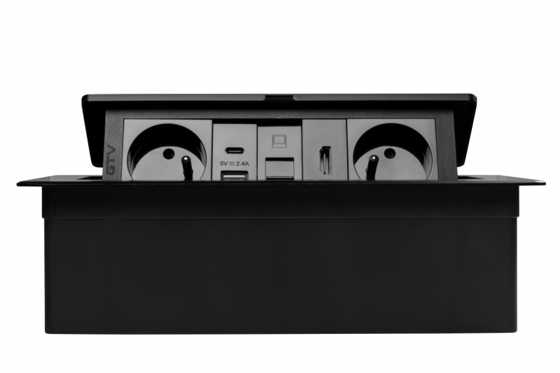 Möbelsteckdose MULTISOFT, 2xSCHUKO, USB A+C, RJ45, HDMI-Kabel 1,5 m, schwarz