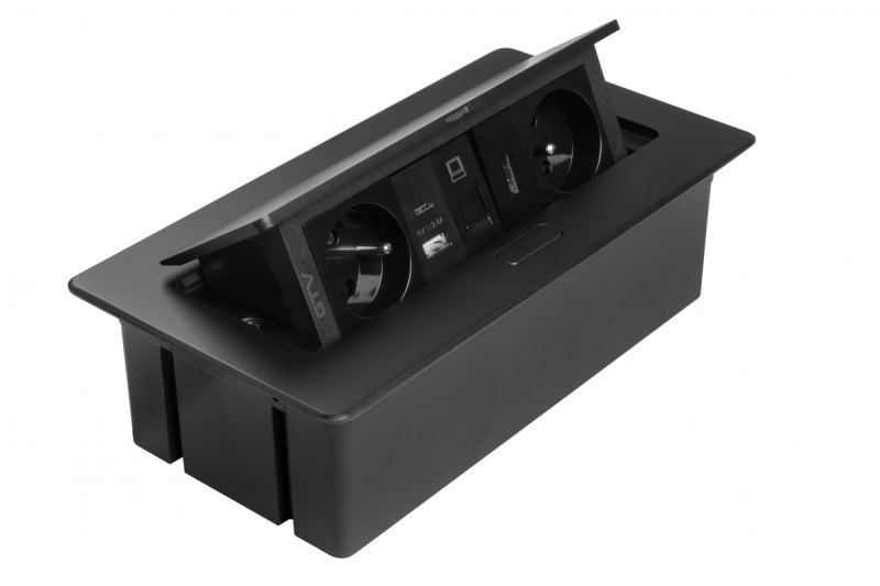 Möbelsteckdose MULTISOFT, 2xSCHUKO, USB A+C, RJ45, HDMI-Kabel 1,5 m, schwarz