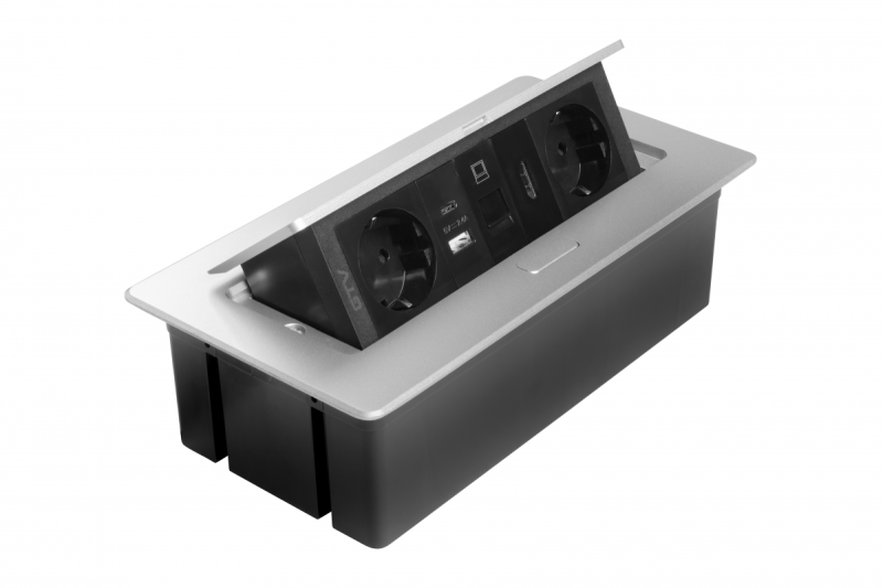 Möbelsteckdose MULTISOFT, 2xSCHUKO, USB A+C, RJ45, HDMI-Kabel 1,5 m, Aluminium