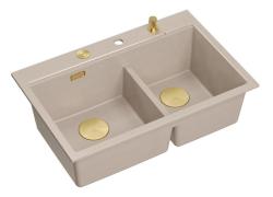 Quadri Hard Rock Doppelbeige Granit Aufbau Spülbecken 76x50 cm mit goldenem Stopfen und Zubehör 1208971663