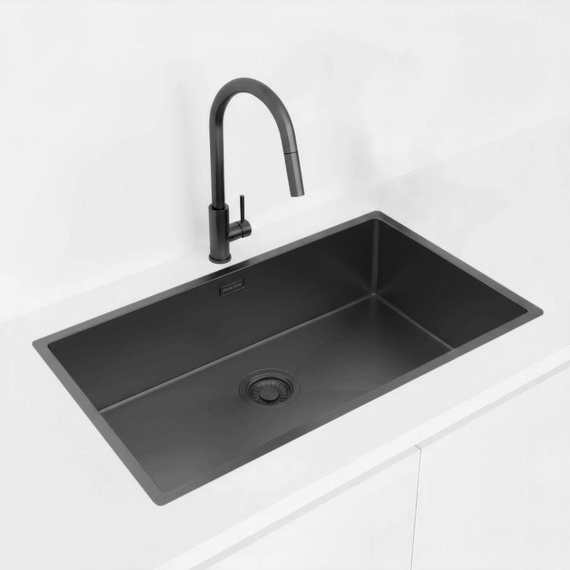Pure.Sink Luxion Große PVD-Spüle, schwarz, 74 x 40 cm, Unterbau, flach eingebaut und Aufsatz PLX7440-63