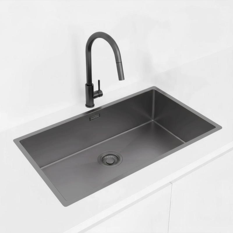 Pure.Sink Luxion Große Gun-Metal-Spüle 74 x 40 cm Unterbau, flach eingebaut und Aufsatz PLX7440-61
