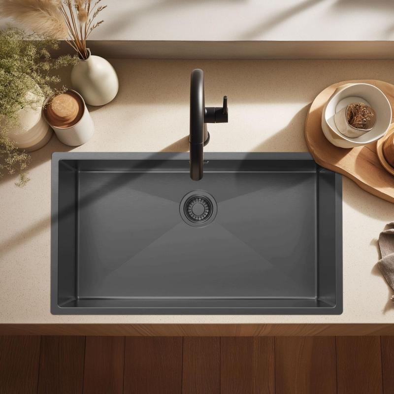 Pure.Sink Luxion Große Gun-Metal-Spüle 74 x 40 cm Unterbau, flach eingebaut und Aufsatz PLX7440-61