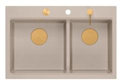 Quadri Hard Rock Doppelbeige Granit Aufbauwaschbecken 76x50 cm mit Kupferstopfen und Zubehör 1208971726