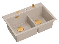 Quadri Hard Rock Doppelbeige Granit Aufbauwaschbecken 76x50 cm mit Kupferstopfen und Zubehör 1208971726
