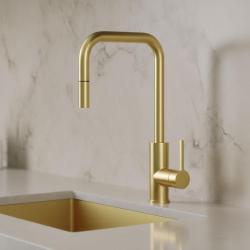 Pure.Sink Luxion Goldener Küchenwasserhahn, quadratisch, mit ausziehbarem Auslauf PLXSQUA-60