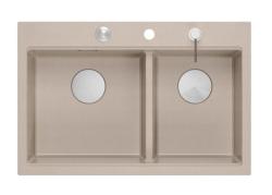 Quadri Hard Rock Doppelter Beige Granit Aufbauwaschbecken 76x50 cm mit Edelstahlstopfen und Zubehör 1208971749