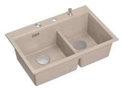 Quadri Hard Rock Doppelter Beige Granit Aufbauwaschbecken 76x50 cm mit Edelstahlstopfen und Zubehör 1208971749