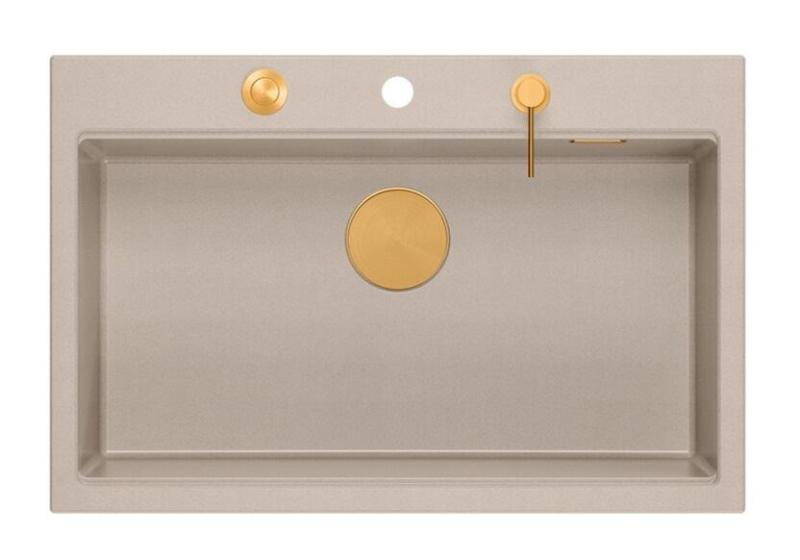 Quadri Hard Rock Beige Granit-Aufbau große Spüle 76x50cm inklusive Kupferstopfen und Zubehör 1208971750