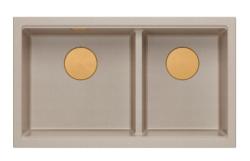 Quadri Newport II Doppel Beige Granit Aufbau Spüle 76x45 cm mit Kupferstopfen 1208971752