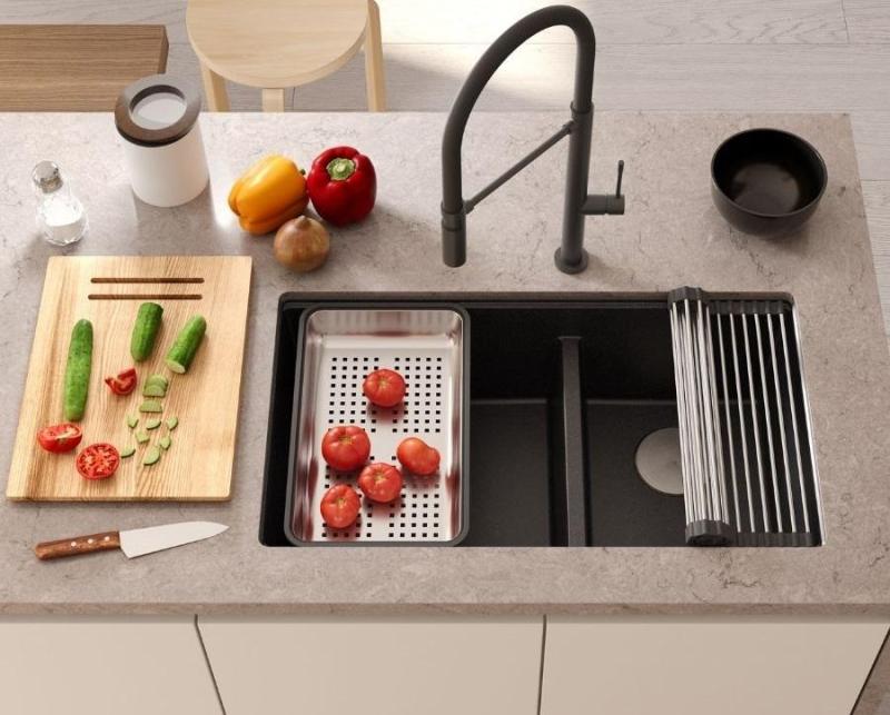 Quadri Newport II Doppelbeige Granit-Aufbauspüle 76x45 cm mit goldenem Stopfen 1208971753