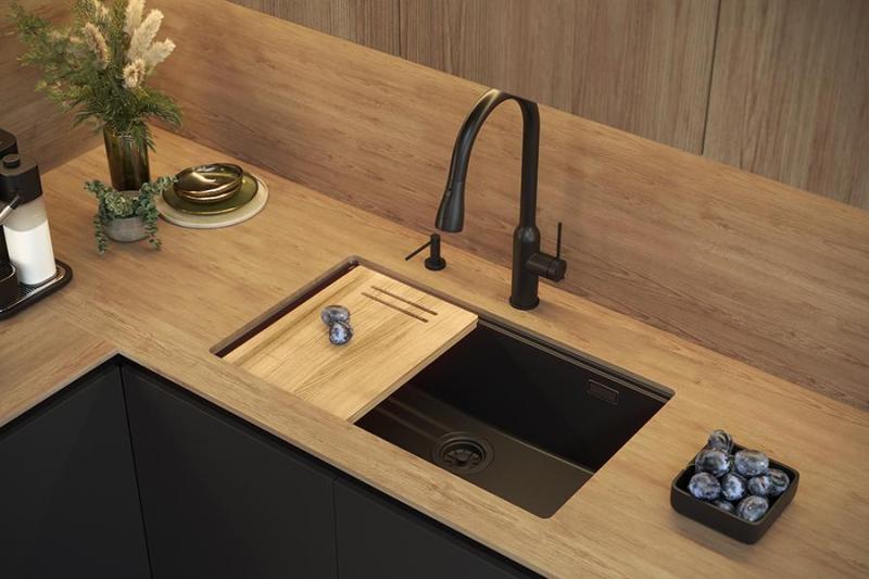 Quadri Newport II großer und tiefer Spülbecken Granit Aufbau und Unterbau beige Spülbecken 76x45cm mit Kupferstopfen 1208971758