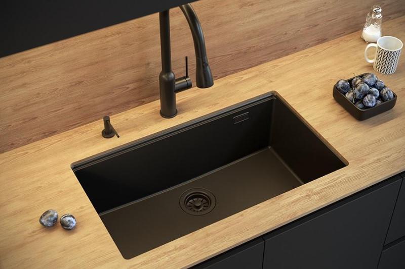 Quadri Newport II großer und tiefer Spülbecken Granit Aufbau und Unterbau beige Spülbecken 76x45cm mit Kupferstopfen 1208971758