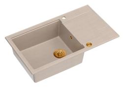 Quadri Luton beige Granit große Aufbau Spüle mit Abtropffläche umkehrbar 86x50cm mit Kupferstopfen 1208971773