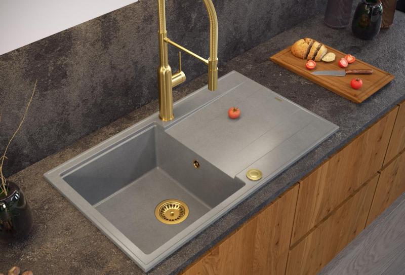 Quadri Luton Perlenbeige Granitaufbauwaschbecken mit Abtropffläche umkehrbar 86x50cm mit goldenem Stecker 1208971778