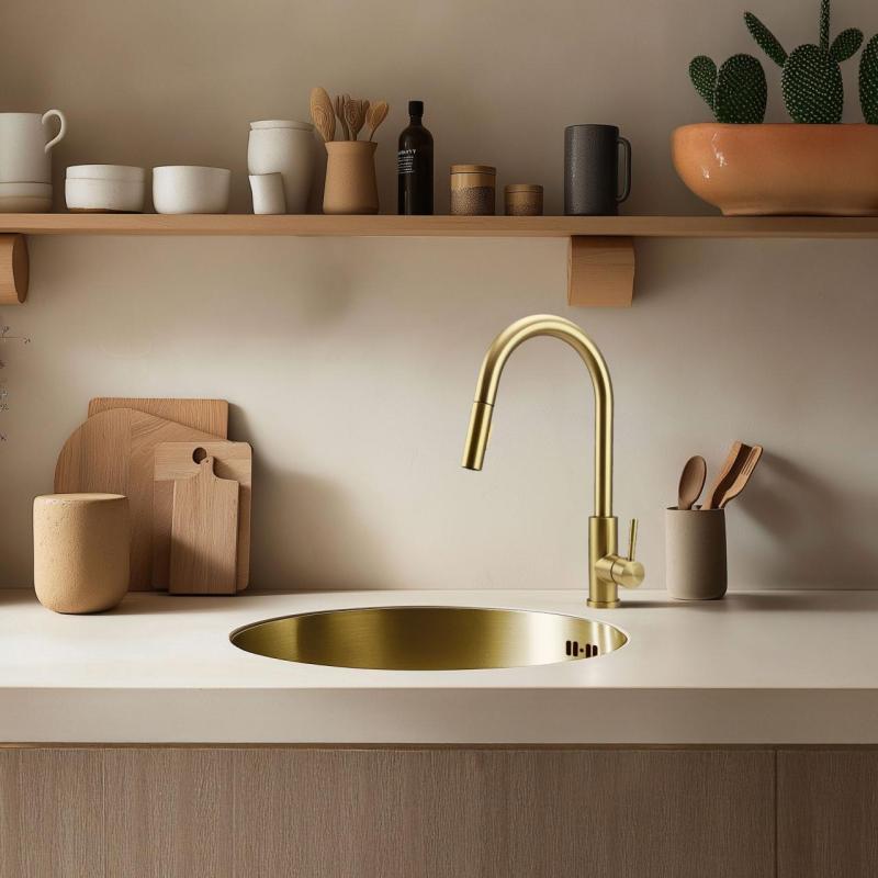 Pure.Sink Rondo Goldene Runde Spüle Flachmontage, Unterbau und Aufbau 38 cm PRN38-60