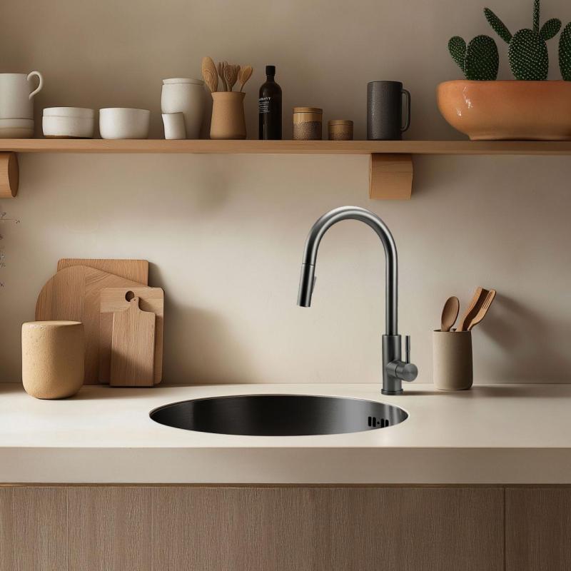 Pure.Sink Rondo Gun Metal Runde Spüle flach Einbau, Unterbau und Aufbau 38 cm PRN38-61