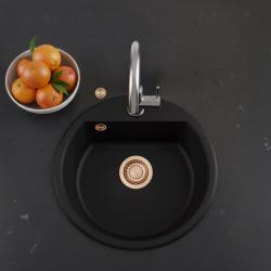GraniteMy Bremen runde Granitspüle 43 cm schwarz Aufbau und Unterbau mit Kranlochbank und Kupferstecker 1208971837