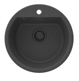 GraniteMy Bremen runder Granit-Spülbecken 43 cm schwarz, Aufbau und Unterbau, mit Wasserhahnlochbank und automatischem schwarzem Stecker 1208971839