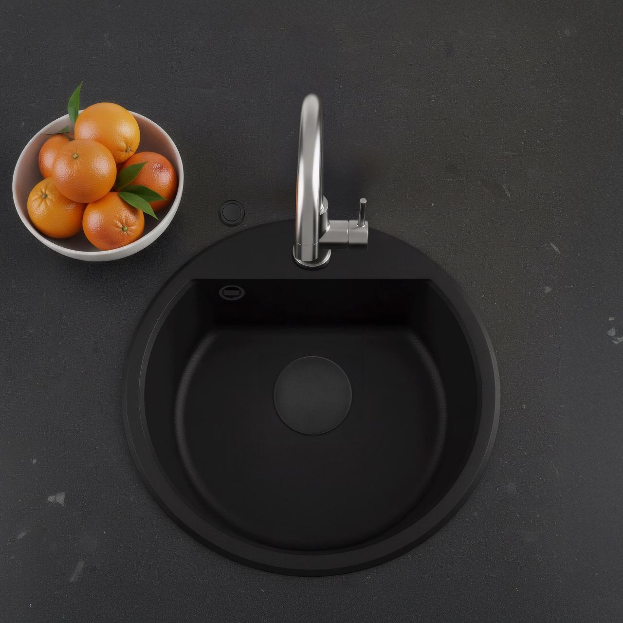GraniteMy Bremen runder Granit-Spülbecken 43 cm schwarz, Aufbau und Unterbau, mit Wasserhahnlochbank und automatischem schwarzem Stecker 1208971839