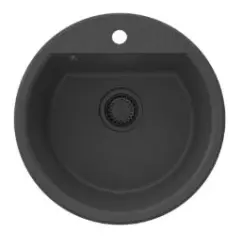 GraniteMy Bremen runder Granit-Spülbecken 43 cm schwarz, Aufbau und Unterbau, mit Wasserhahnlochbank und automatischem schwarzem Stecker 1208971839