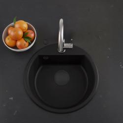 GraniteMy Bremen runder Granit-Spülbecken 43 cm schwarz, Aufbau und Unterbau, mit Wasserhahnlochbank und automatischem schwarzem Stecker 1208971839