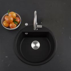 GraniteMy Bremen runde Granitspüle 43 cm schwarz, Aufbau und Unterbau, mit Armaturenlochbank und automatischem Edelstahlstopfen 1208971840