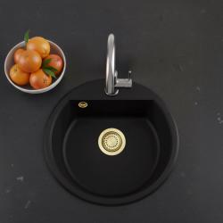 GraniteMy Bremen runde Granitspüle 43 cm schwarz, Aufbau und Unterbau, mit Kranlochbank und goldenem Stopfen 1208971841