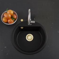 GraniteMy Bremen runder Granitwaschbecken 43 cm schwarz, Aufbau und Unterbau, mit Armaturenlochbank und automatischem goldenem Stecker 1208971843