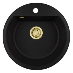 GraniteMy Bremen runder Granitwaschbecken 43 cm schwarz, Aufbau und Unterbau, mit Armaturenlochbank und automatischem goldenem Stecker 1208971843