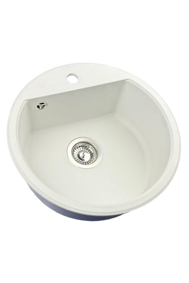 GraniteMy Bremen runde Granitspüle 43 cm weiß, Aufbau und Unterbau, mit Armaturenlochbank und automatischem Edelstahlstopfen 1208971845