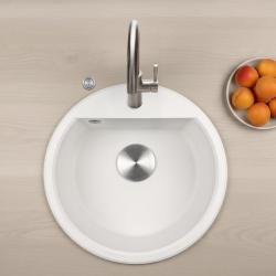 GraniteMy Bremen runde Granitspüle 43 cm weiß, Aufbau und Unterbau, mit Armaturenlochbank und automatischem Edelstahlstopfen 1208971845