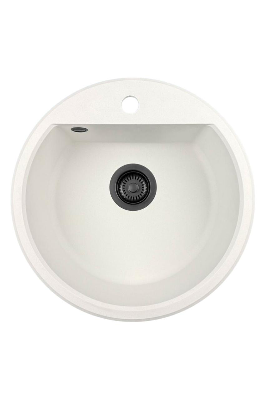 GraniteMy Bremen runder Granitspüle 43 cm weiß, Aufbau und Unterbau, mit Kranlochbank und automatischem schwarzen Stecker 1208971846