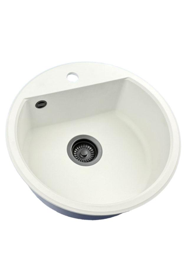 GraniteMy Bremen runder Granitspüle 43 cm weiß, Aufbau und Unterbau, mit Kranlochbank und automatischem schwarzen Stecker 1208971846