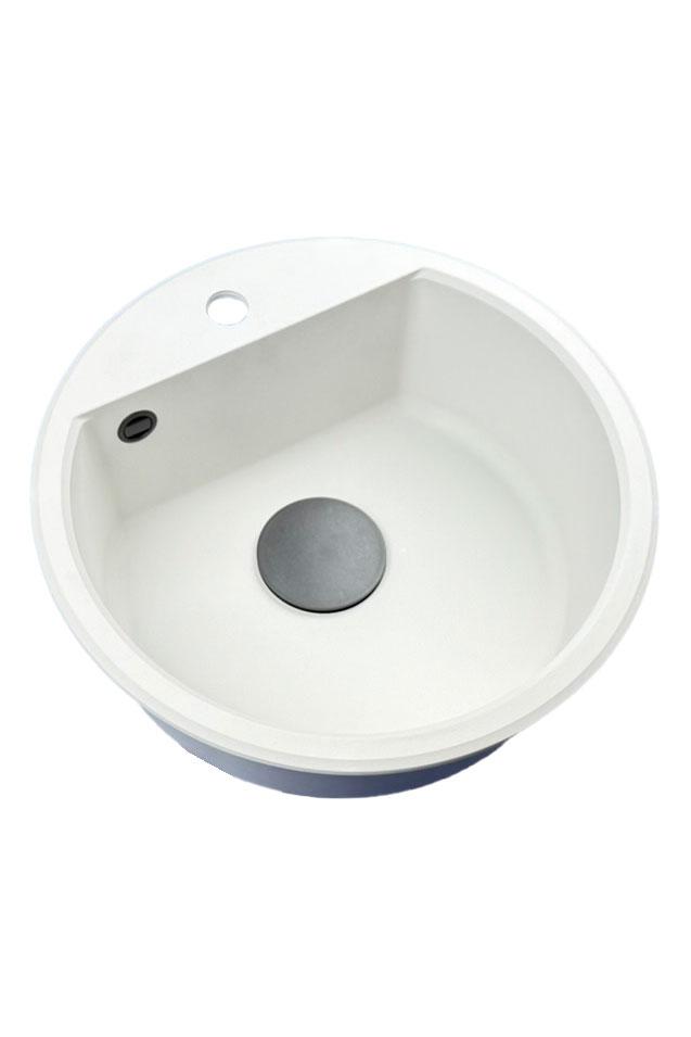 GraniteMy Bremen runder Granitspüle 43 cm weiß, Aufbau und Unterbau, mit Kranlochbank und automatischem schwarzen Stecker 1208971846