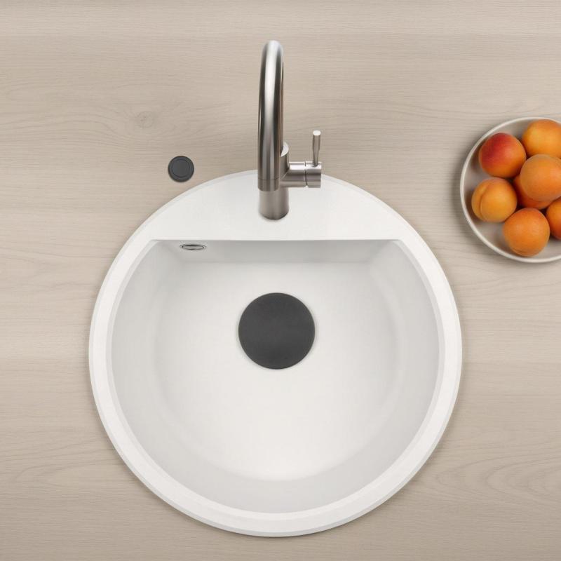 GraniteMy Bremen runder Granitspüle 43 cm weiß, Aufbau und Unterbau, mit Kranlochbank und automatischem schwarzen Stecker 1208971846
