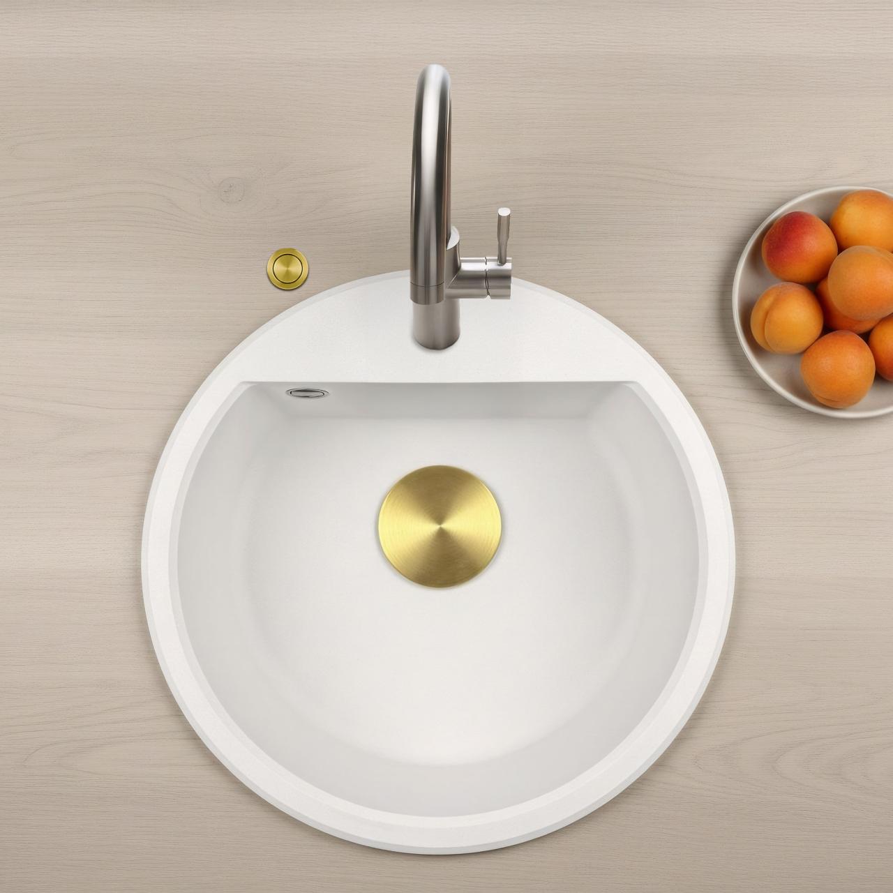 GraniteMy Bremen runde Granitspüle 43 cm weiß, Aufbau und Unterbau, mit Armaturenbank und automatischem goldenen Stopfen 1208971848