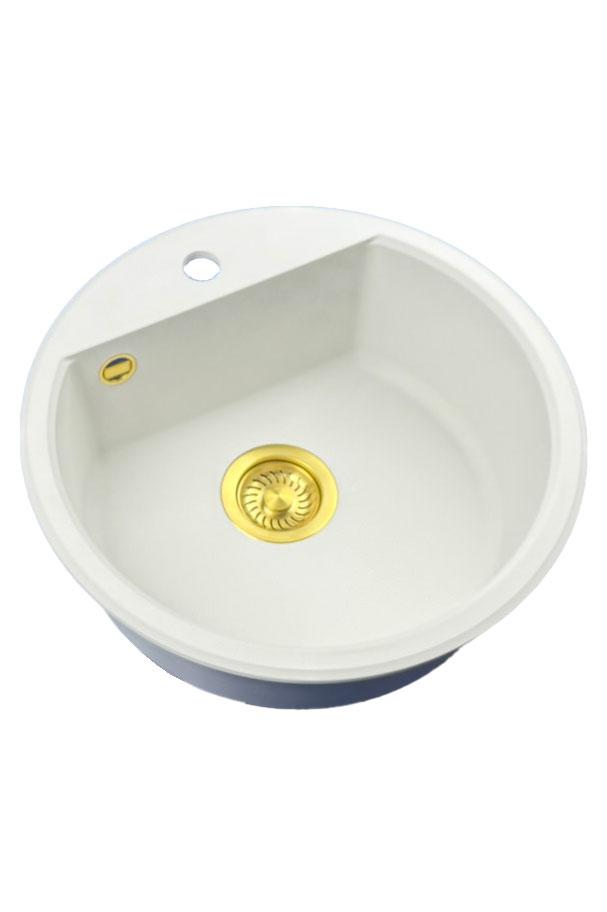 GraniteMy Bremen runde Granitspüle 43 cm weiß, Aufbau und Unterbau, mit Armaturenbank und automatischem goldenen Stopfen 1208971848