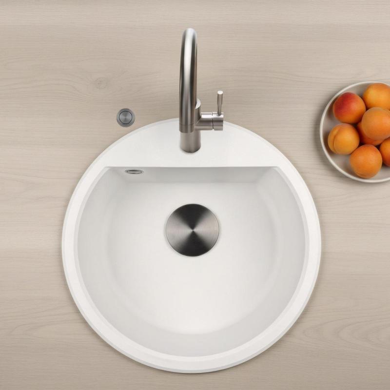GraniteMy Bremen runde Granit-Spüle 43 cm weiß, Aufbau und Unterbau, mit Armaturenlochbank und automatischem Gun Metal Stopfen 1208971849
