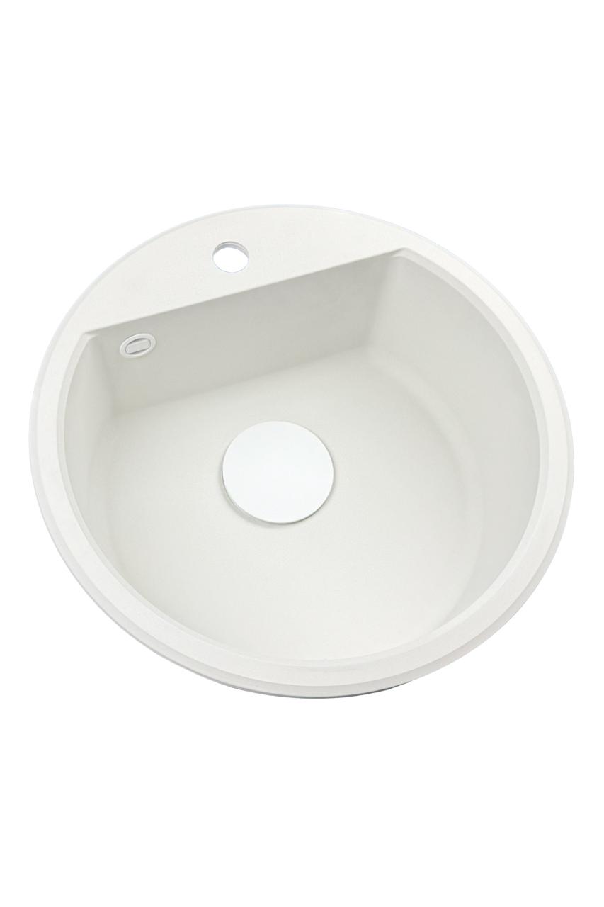 GraniteMy Bremen runder Granitspüle 43 cm weiß, Aufbau und Unterbau, mit Kranlochbank und automatischem weißem Stecker 1208971850