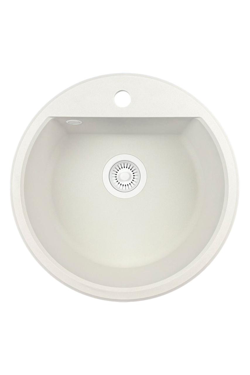 GraniteMy Bremen runder Granitspüle 43 cm weiß, Aufbau und Unterbau, mit Kranlochbank und automatischem weißem Stecker 1208971850