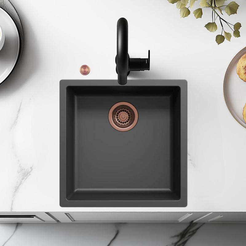 Ausmann Faser schwarzes Spülbecken 40x40cm Unterbau, Aufbau und flächenbündiger Einbau mit automatischem Kupferstöpsel 1208971852