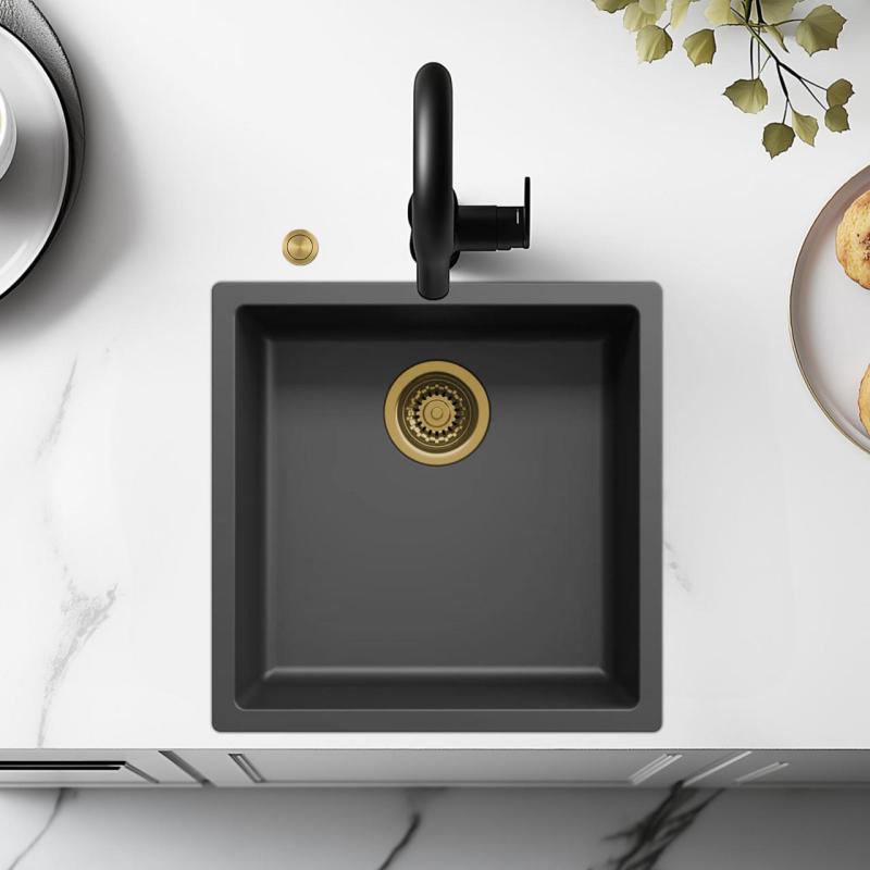 Ausmann Faser schwarzes Spülbecken 40x40cm Unterbau, Aufbau und flächenbündig mit automatischem goldenem Stecker 1208971853